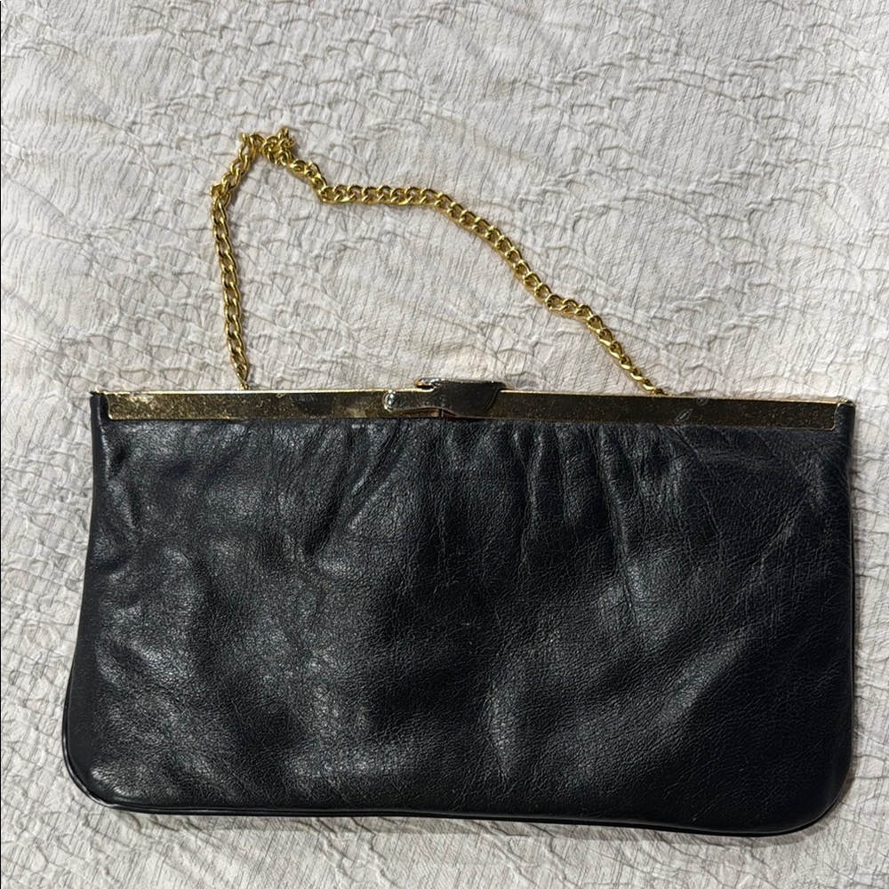 Elegant Black Leather Clutch with Gold Chain